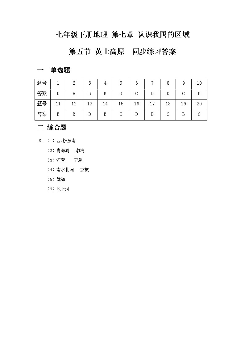 7.5黄土高原----中图版七年级下册地理 同步练习答案第1页