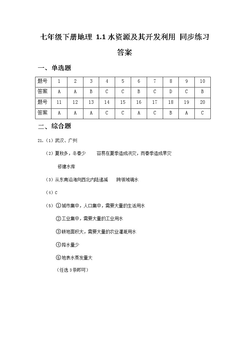 4.1水资源及其开发利用 ——中图版七年级地理下册同步练习 (2份打包)01