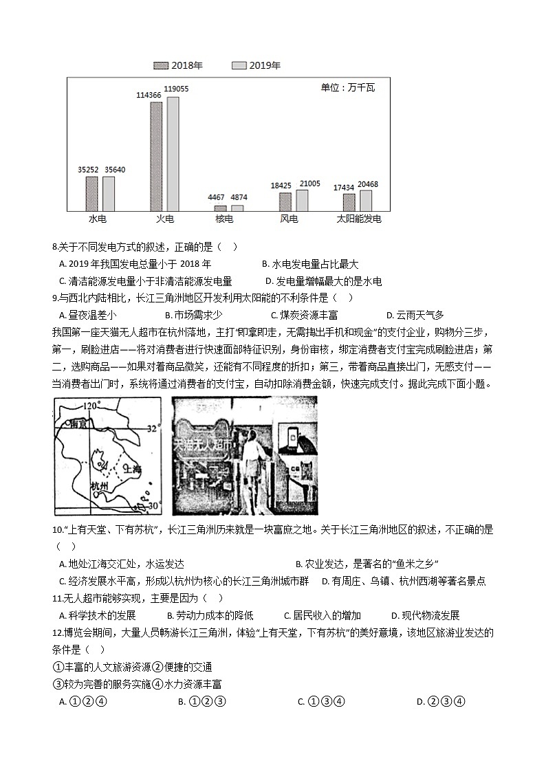 初中地理人教版八年级下册第七章第二节“鱼米之乡”--长江三角洲地区 同步练习02