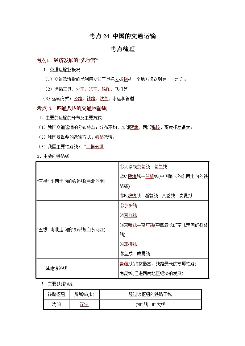 考点24 中国的交通运输（解析版）-2022年地理中考一轮过关讲练（人教版）第1页