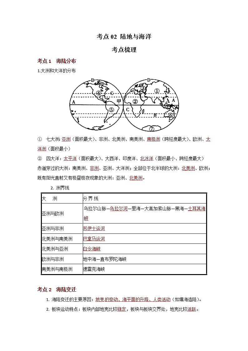 考点02 陆地与海洋（解析版）-2022年地理中考一轮过关讲练（人教版）第1页