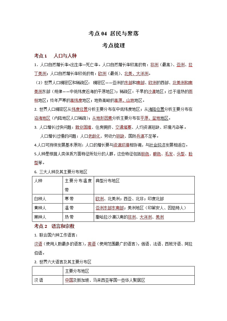 考点04 居民与聚落（解析版）-2022年地理中考一轮过关讲练（人教版）第1页