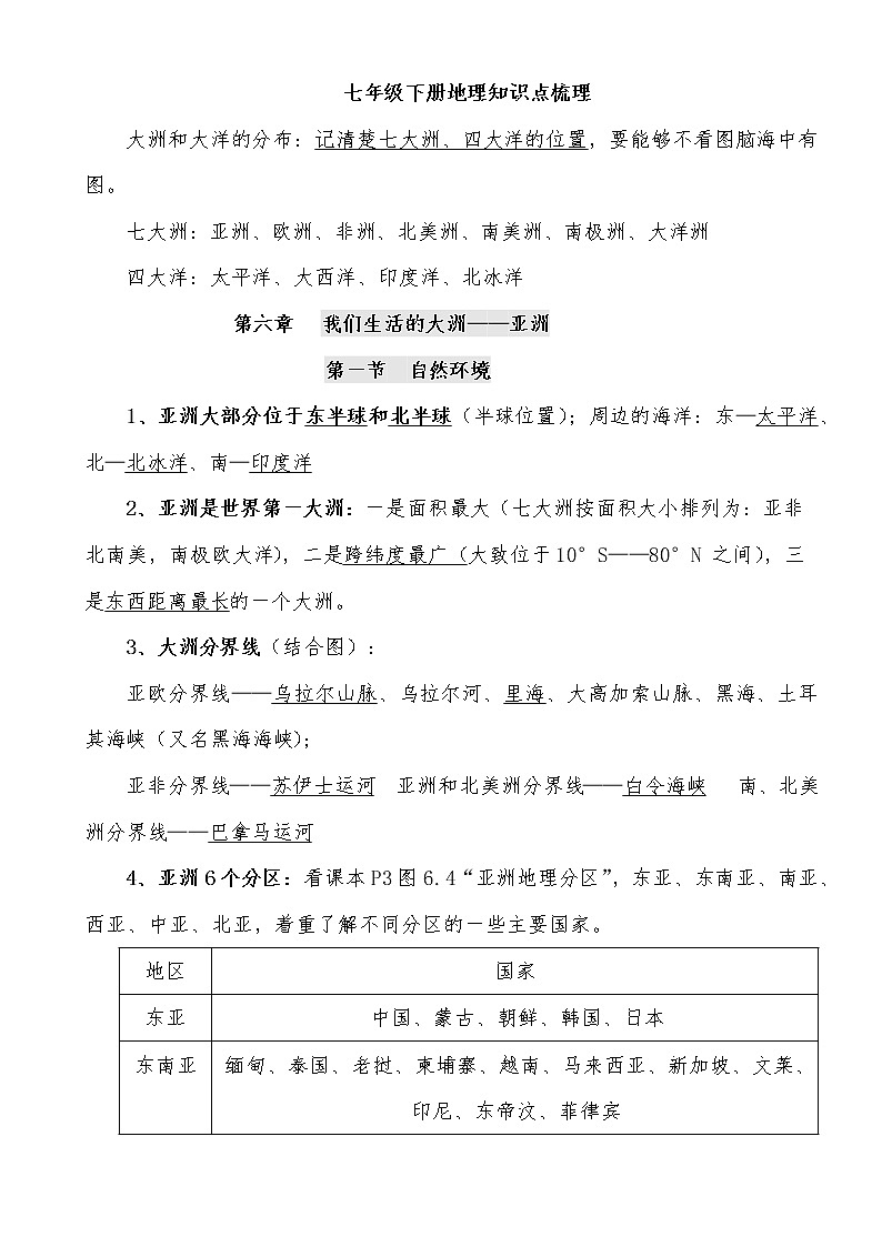 人教版地理七年级下册总复习知识点梳理01