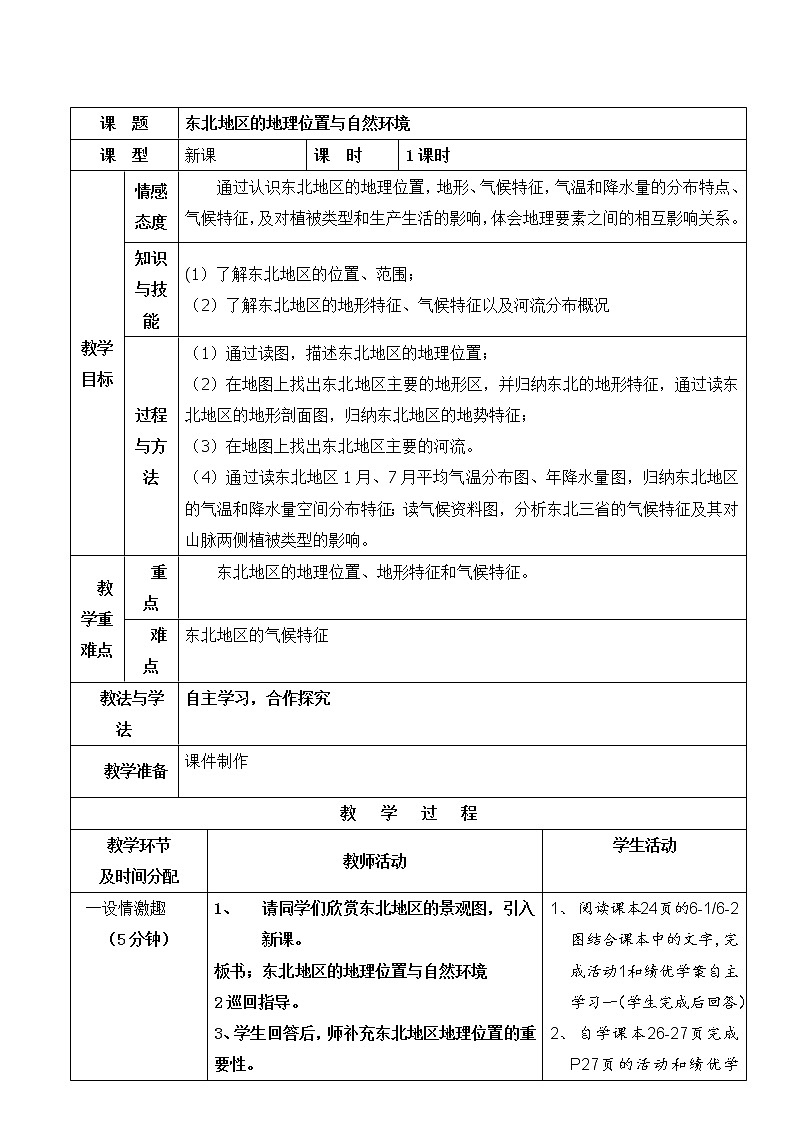 湘教版地理八年级下册第一节 东北地区的地理位置与自然环境  教学设计 (表格式)01