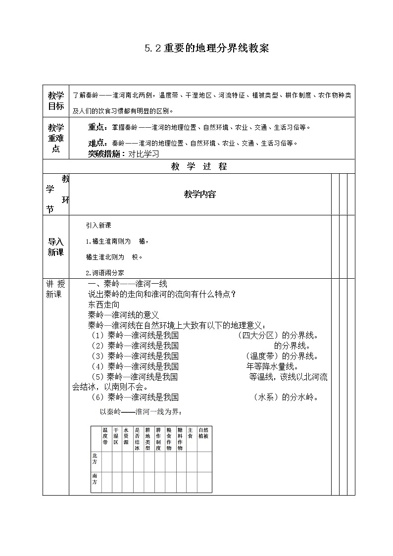 5.2重要的地理分界线 教案第1页