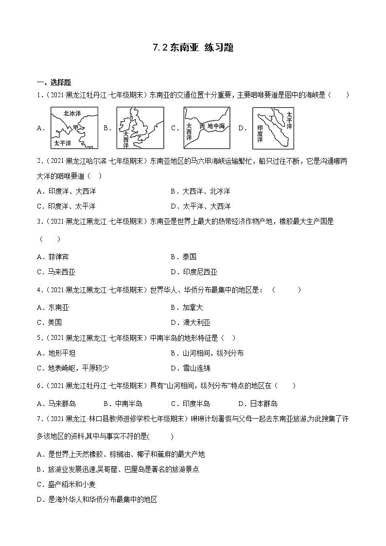 人教版七年级下册 7.2 东南亚练习题第1页