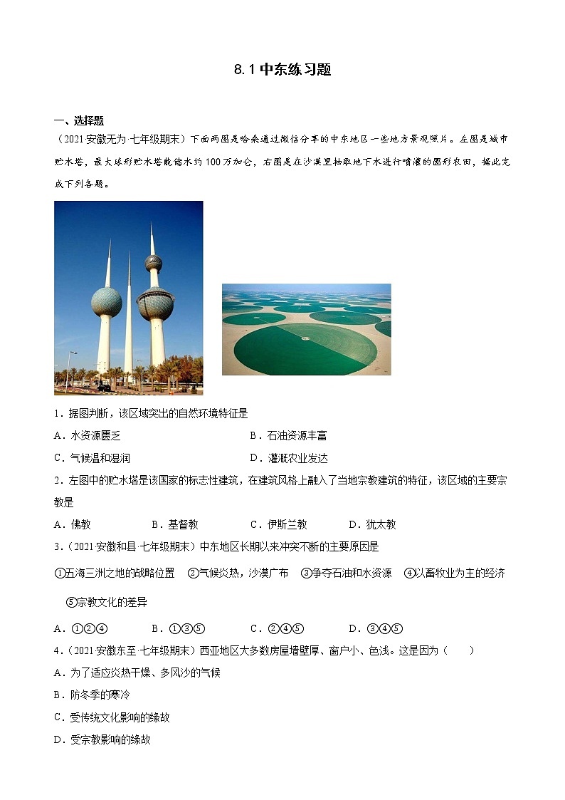 人教版七年级下册 8.1 中东练习题第1页