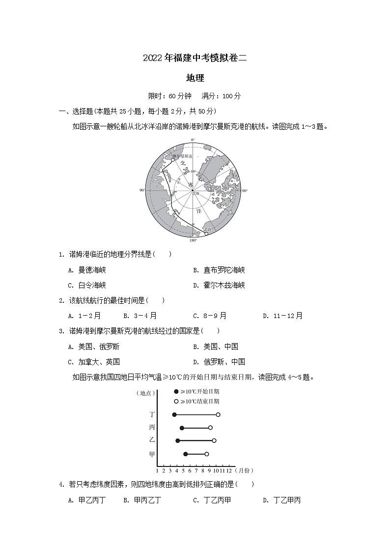 福建省2022年中考地理模拟卷二01