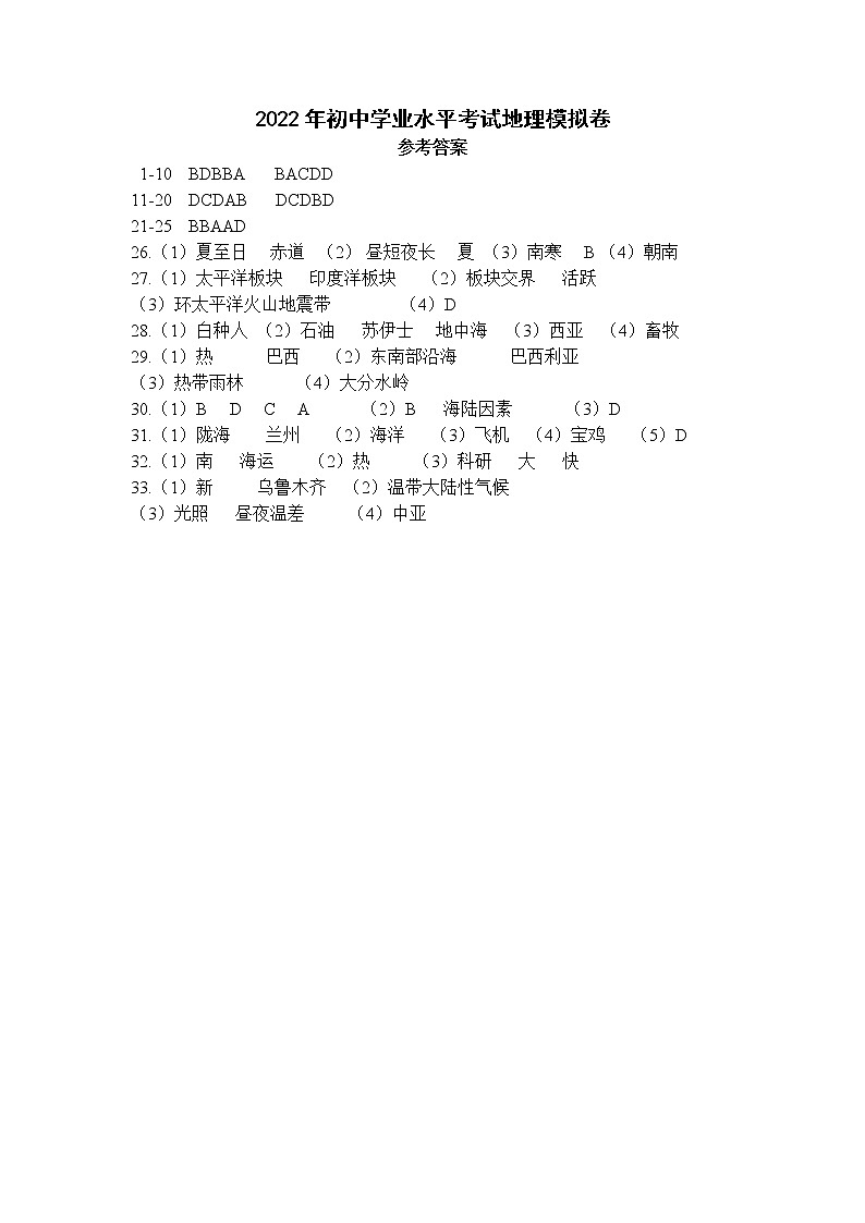 2022年云南省梁河县第一中学初中学业水平模拟考试地理试题01