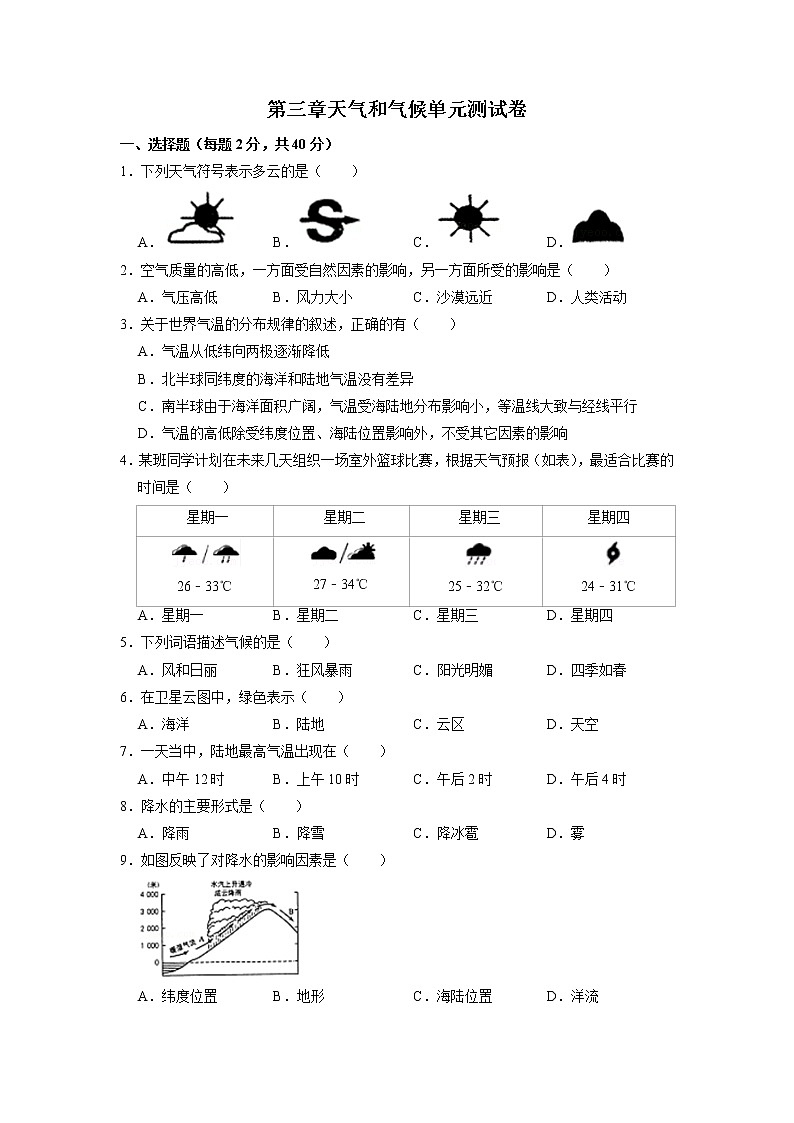 第三章天气和气候单元测试卷2021-2022学年人教版地理七年级上册01