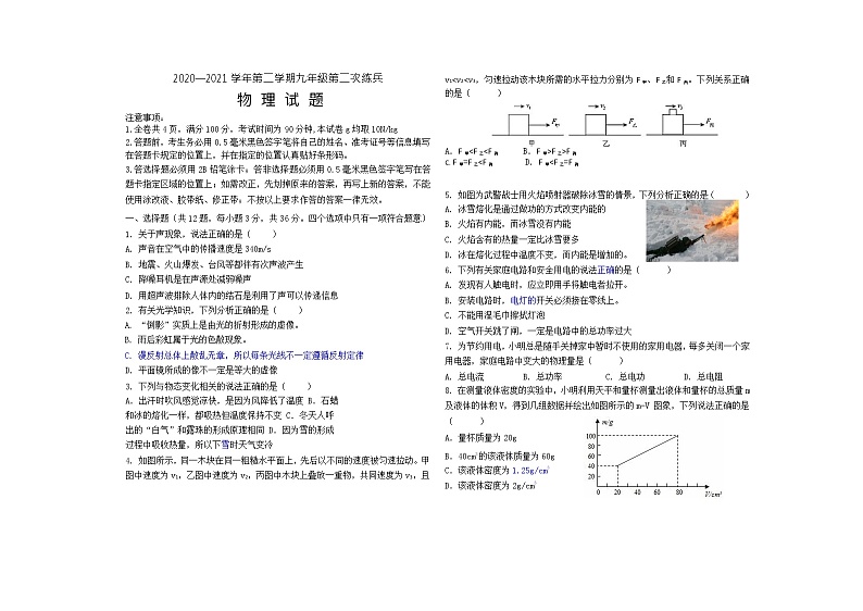 精品解析 ：2021年山东省德州市夏津县中考二模物理试题（解析版+原卷板）01