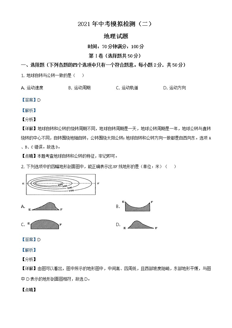 精品解析：2021年山东省聊城市茌平区、临清市中考二模地理试题（解析版+原卷板）01