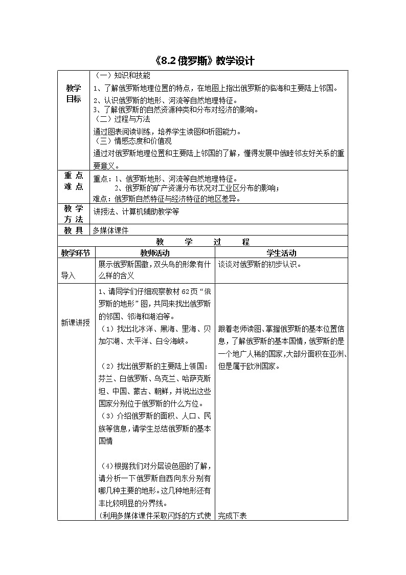 商务星球版七年级地理下册 第八章 第二节 俄罗斯(2) 教案第1页