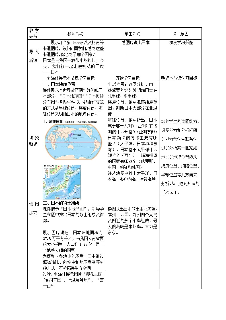 商务星球版七年级地理下册 第八章 第一节 日本 教案第2页