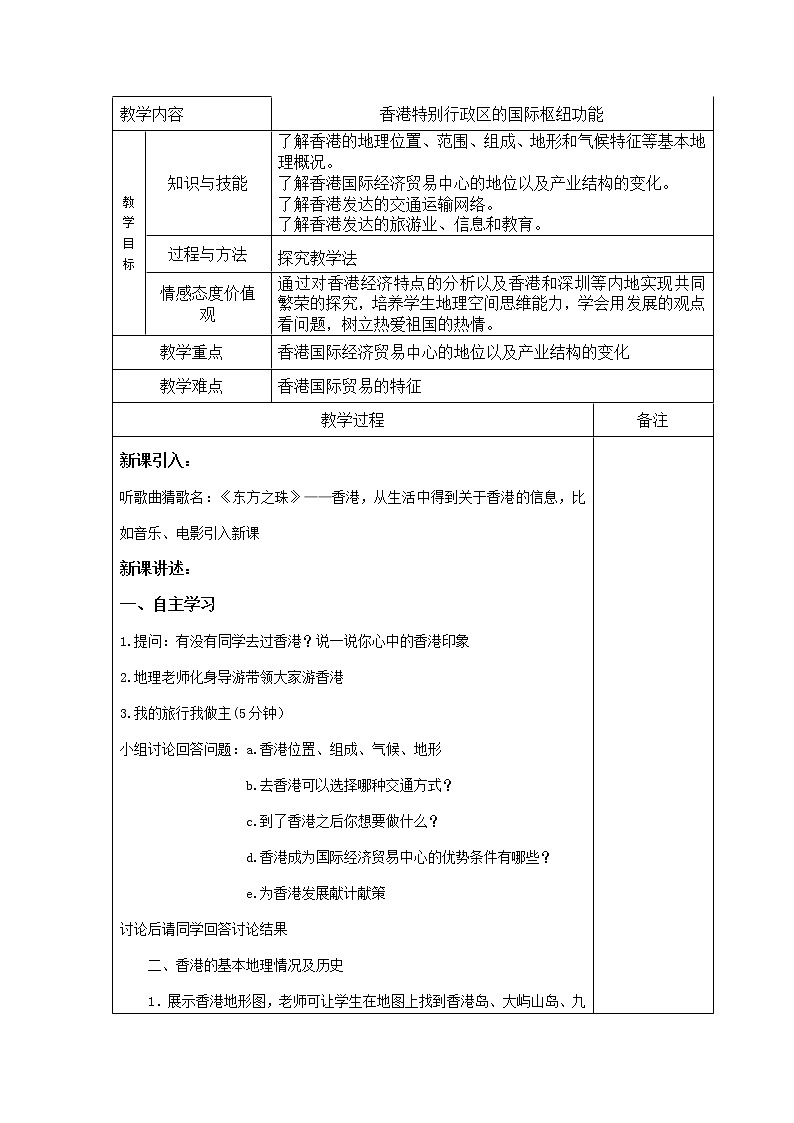 2022年湘教版八年级地理下册第7章第1节香港特别行政区的国际枢纽功能教案 (1)01