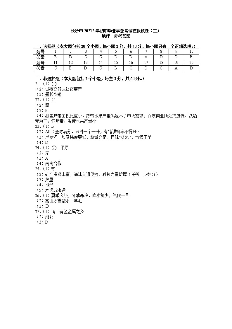 2022年湖南省长沙市长郡双语实验中学初中毕业学业考试模拟地理试题（二）01