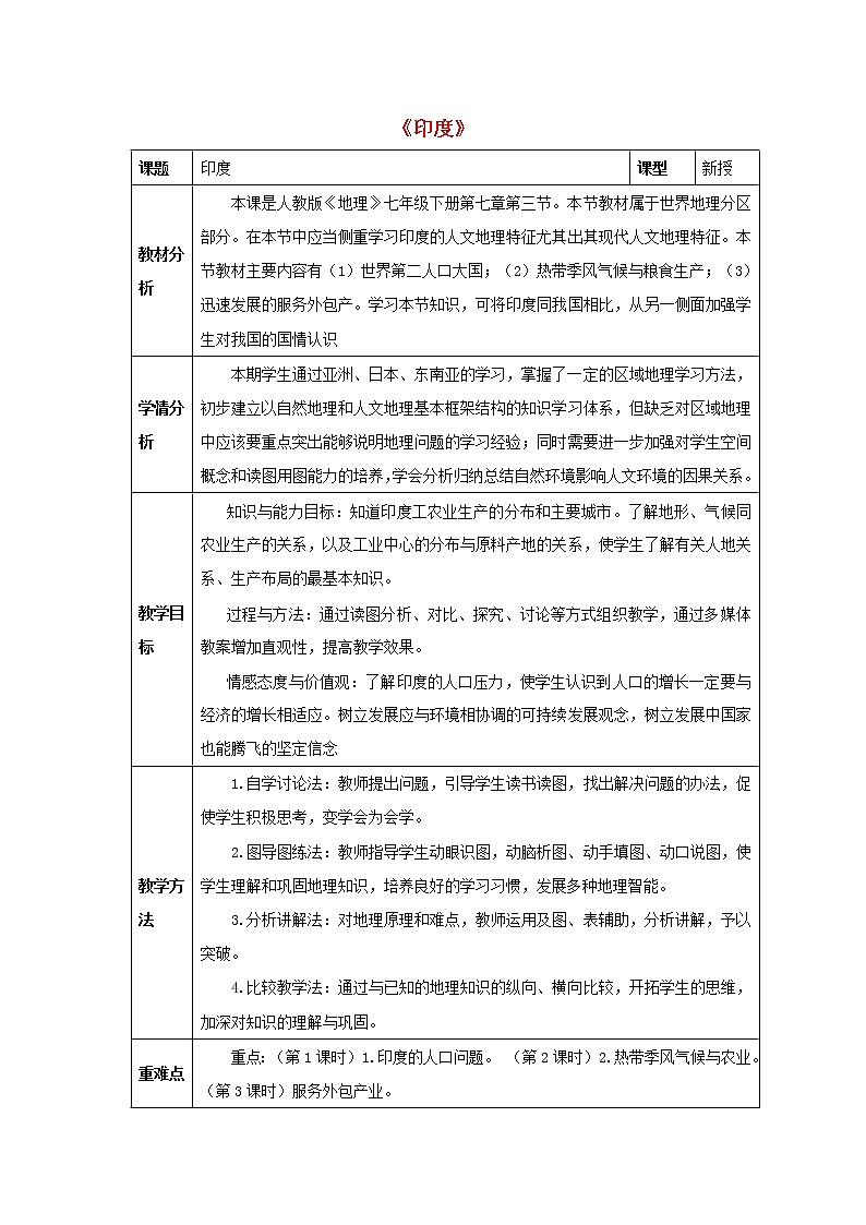 2022年人教版七年级地理下册第7章第3节印度教案 (5)第1页