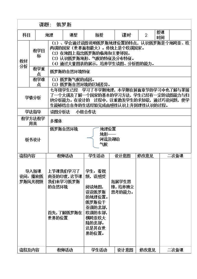 2022年人教版七年级地理下册第7章第4节俄罗斯教案 (3)01