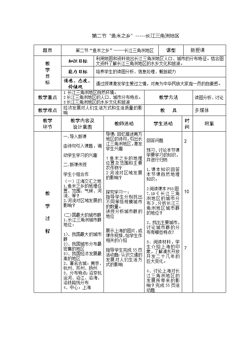 2022年人教版八年级地理下册第7章第2节“鱼米之乡”——长江三角洲地区教案 (2)第1页