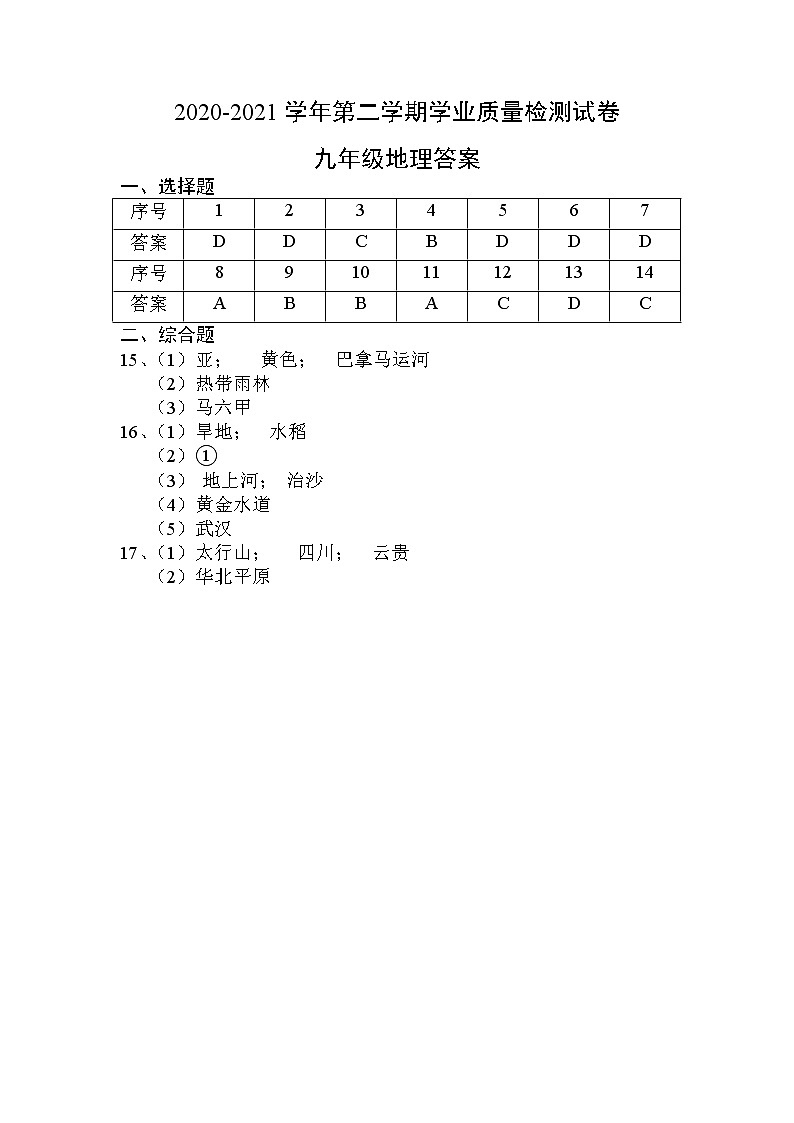 九年级地理试题答案第1页