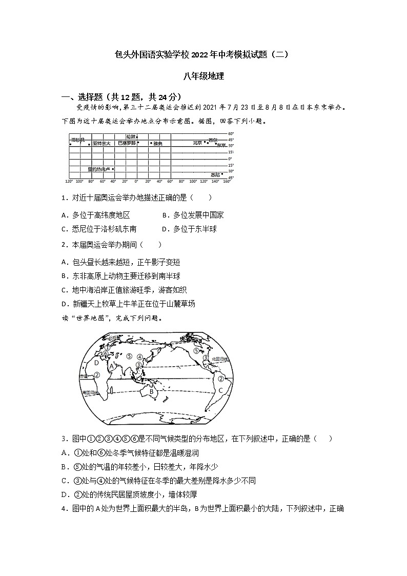 2022年内蒙古包头外国语实验学校中考模拟（二）地理试题01