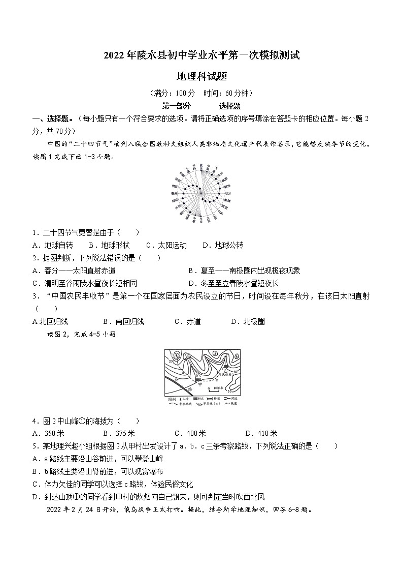 2022年海南省陵水县中考一模地理试题01