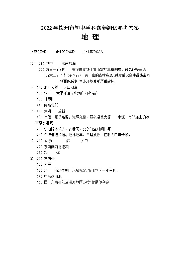 2022年广西钦州市中考一模地理试题01