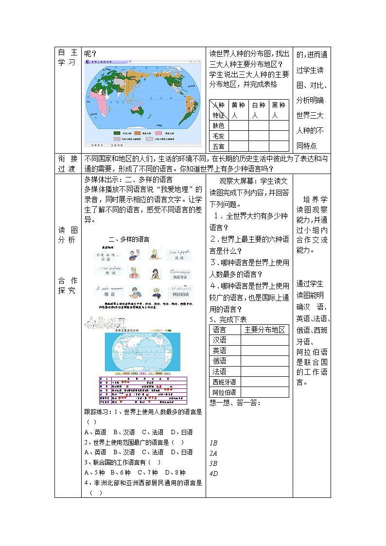 商务星球版七上地理 5.2世界的人种、语言和宗教  教案02