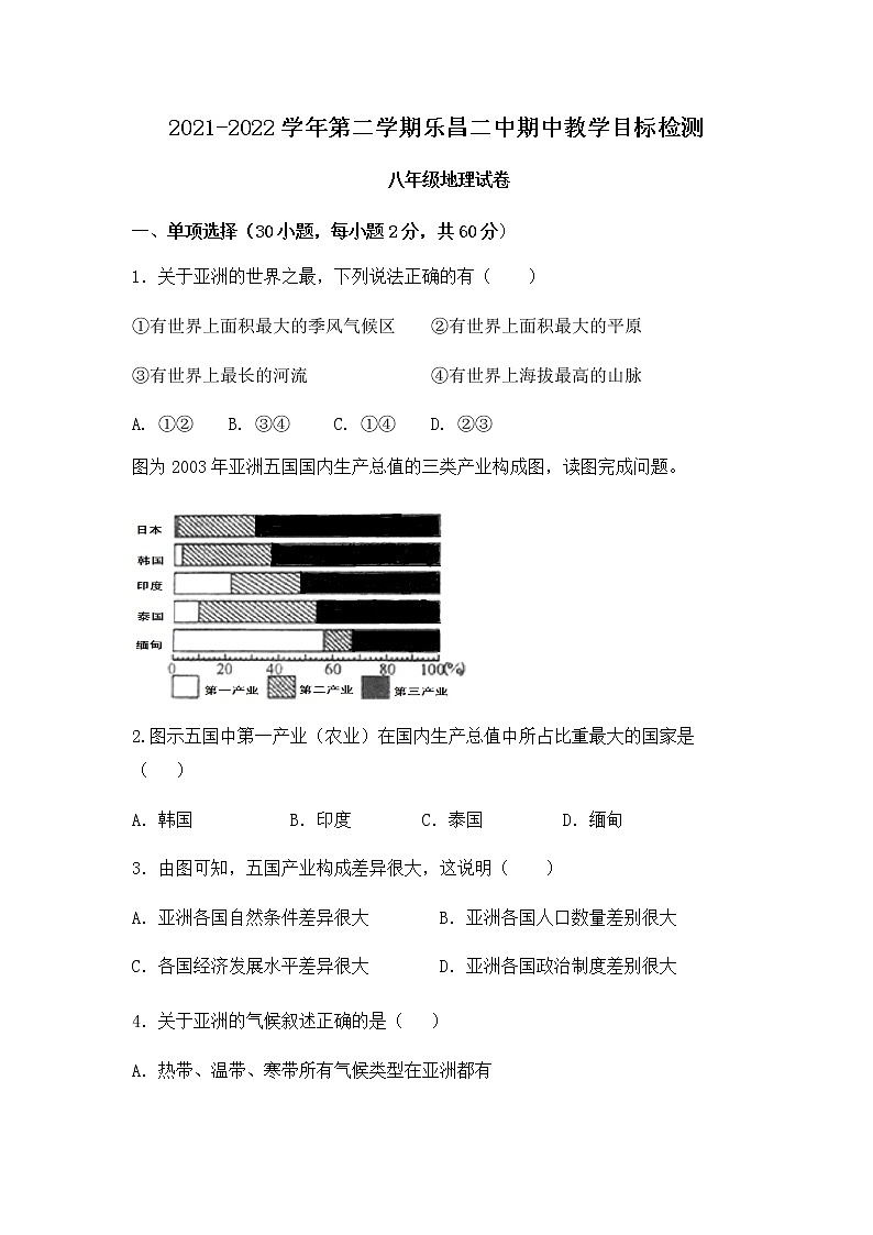 广东省韶关市乐昌市第二中学2021-2022学年八年级下学期期中考试地理试题（有答案）第1页