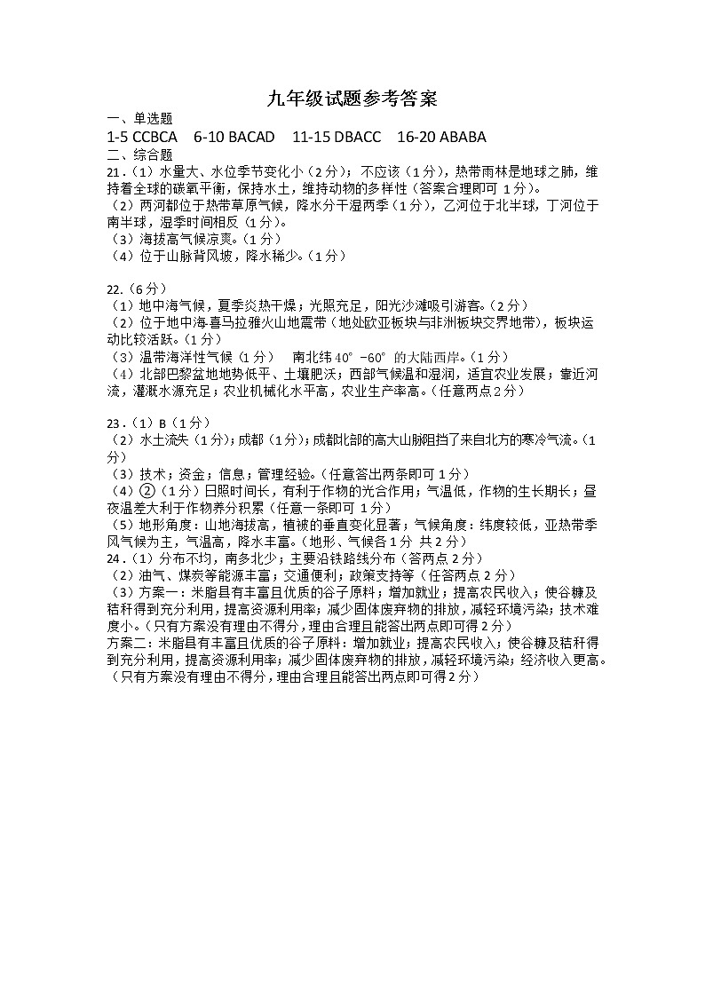 九年级地理试题参考答案第1页