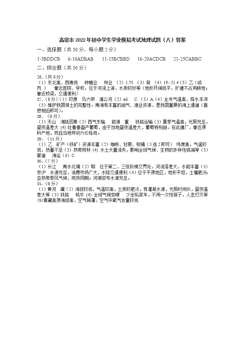 2022年山东省高密市地理学业水平考试模拟八练习题01
