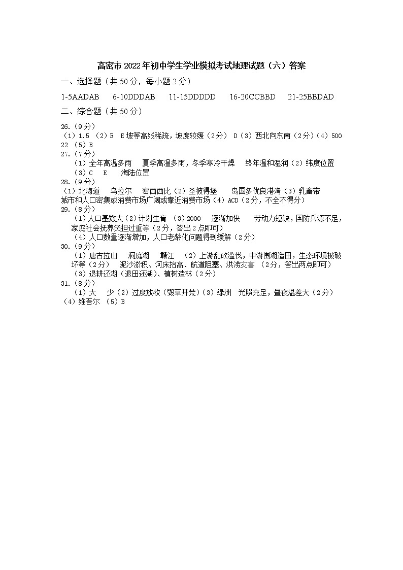 2022年山东省高密市地理学业水平考试模拟六练习题01