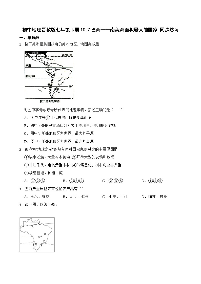 初中地理晋教版七年级下册10.7巴西——南美洲面积最大的国家 同步练习第1页