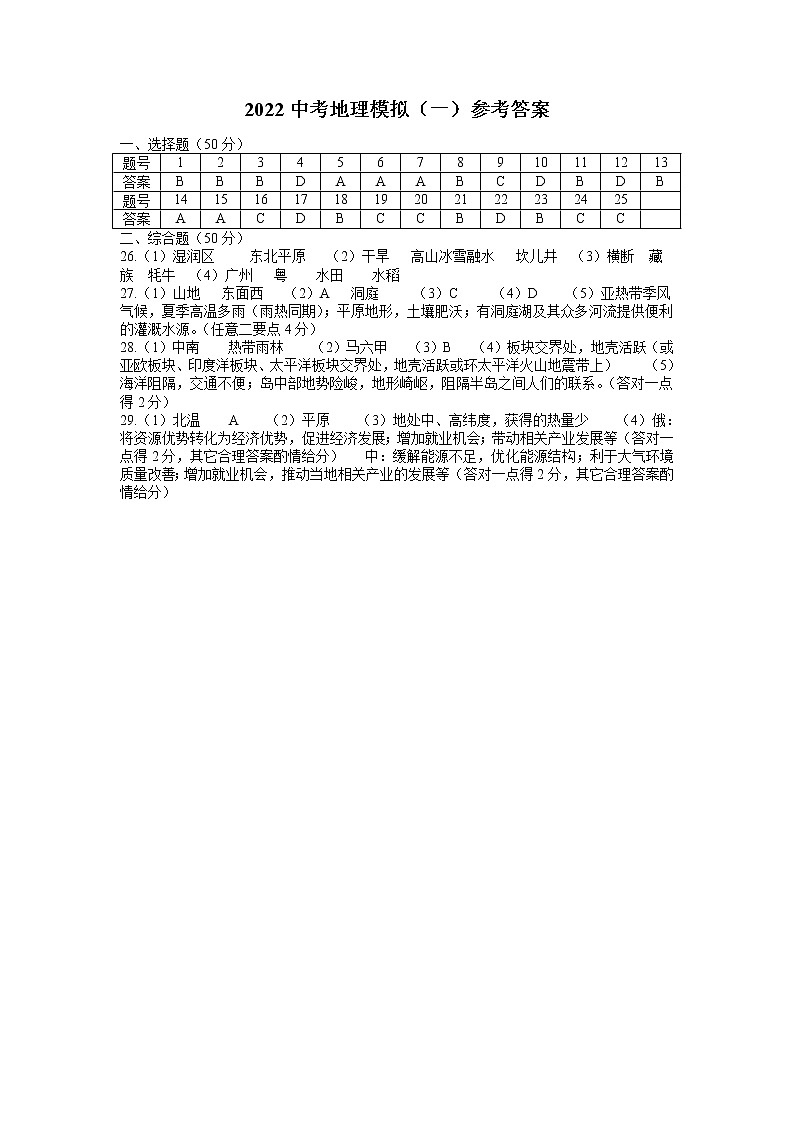 2022年湖南省娄底市新化县中考模拟（一）地理试题（有答案）01