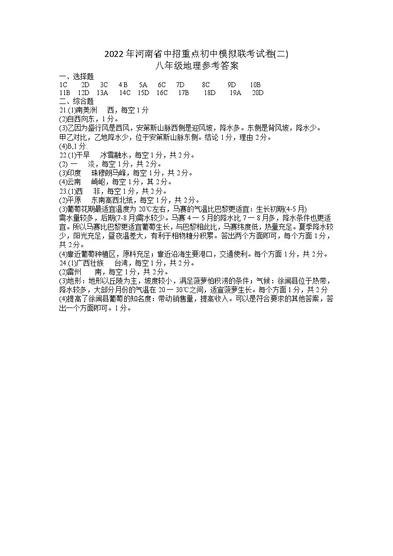 2022年河南省中招重点初中模拟联考试卷(二)八年级地理（含答案）01