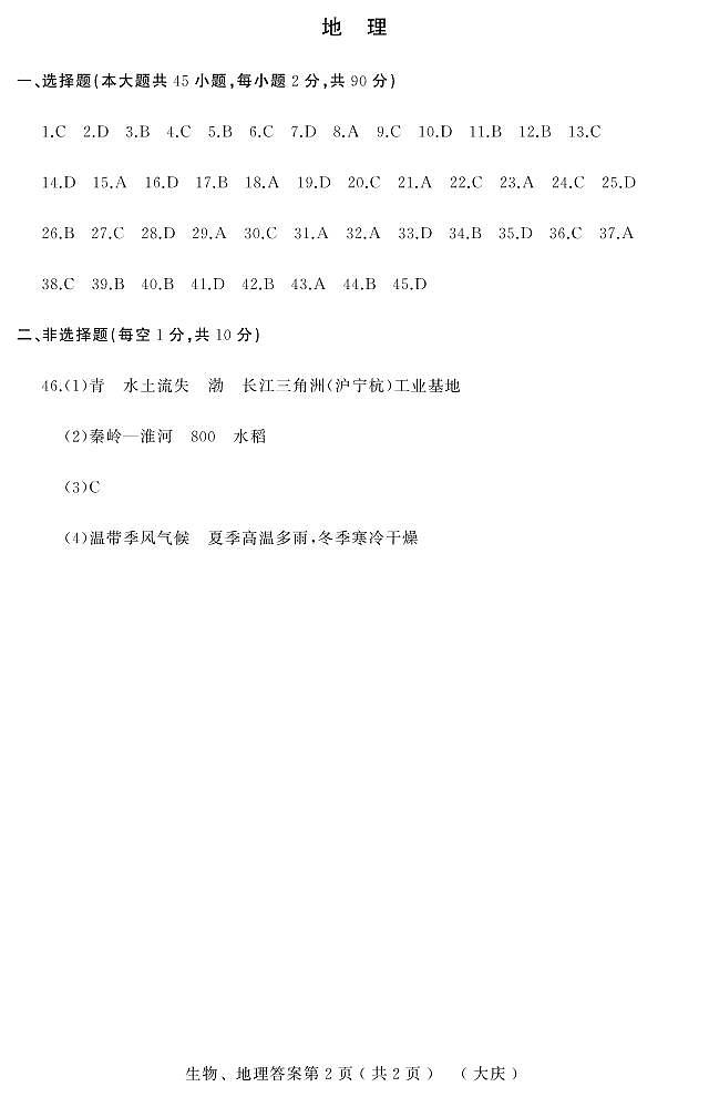2022年黑龙江省大庆市中考二模地理试题（含答案）01