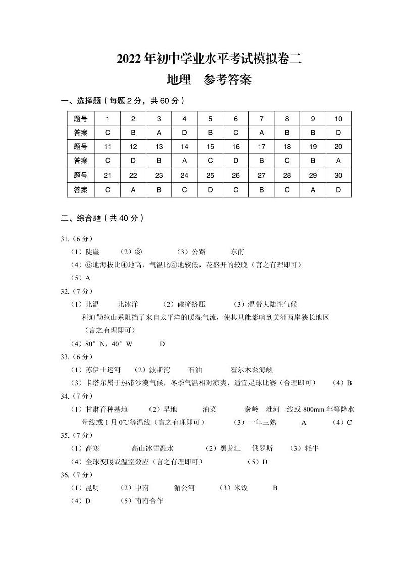 2022年云南省临沧市耿马县八年级学业水平考试（二模）地理 答案第1页