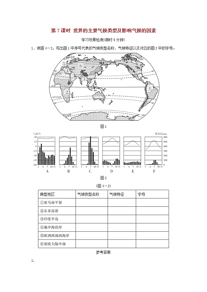 2022中考地理模块四天气与气候第7课时世界的主要气候类型及影响气候的因素课前小测第1页