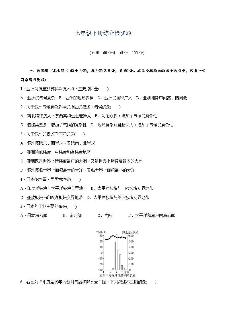 2022年七年级下册综合检测题-中考地理百日冲刺（人教版） (含答案)第1页