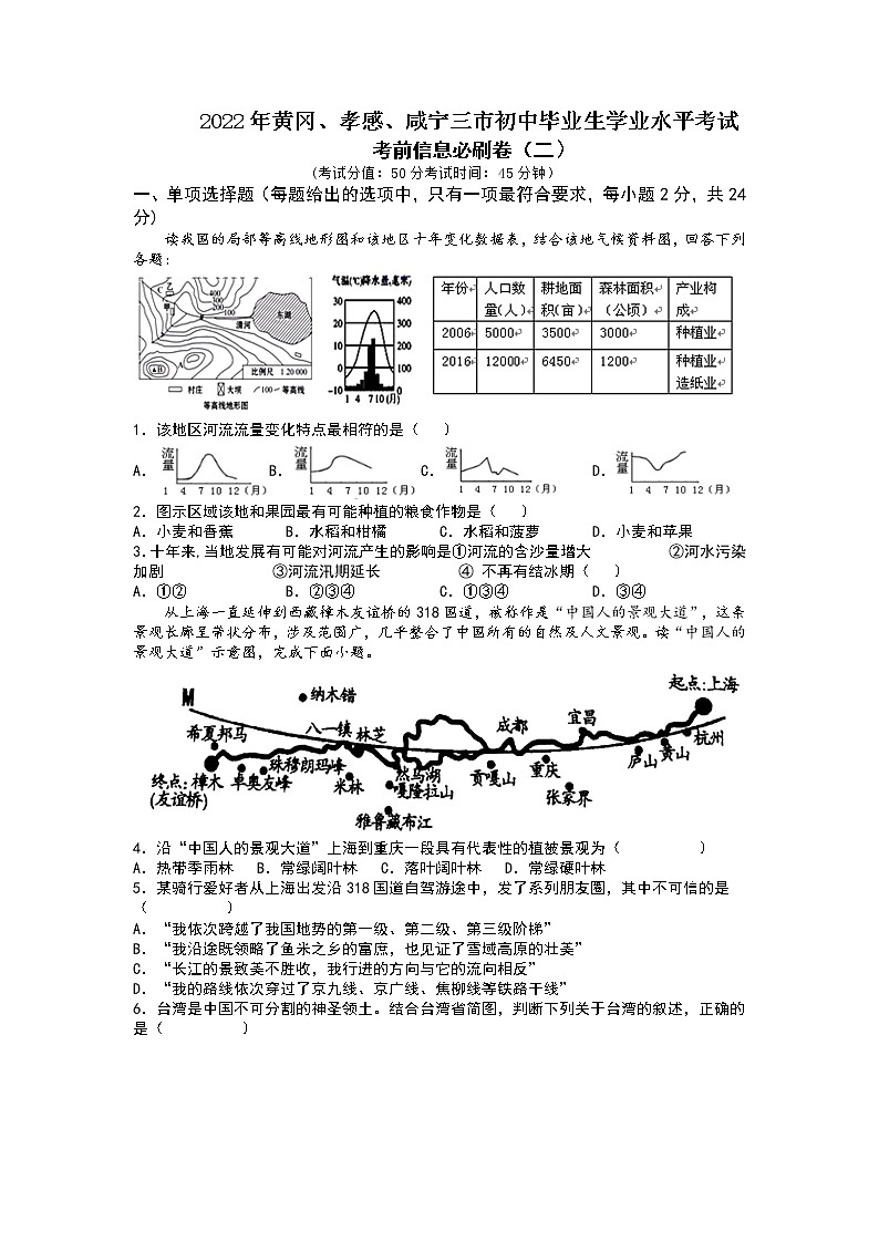 2022年黄冈孝感咸宁中考考前信息必刷卷地理试卷（二）（含答案）01