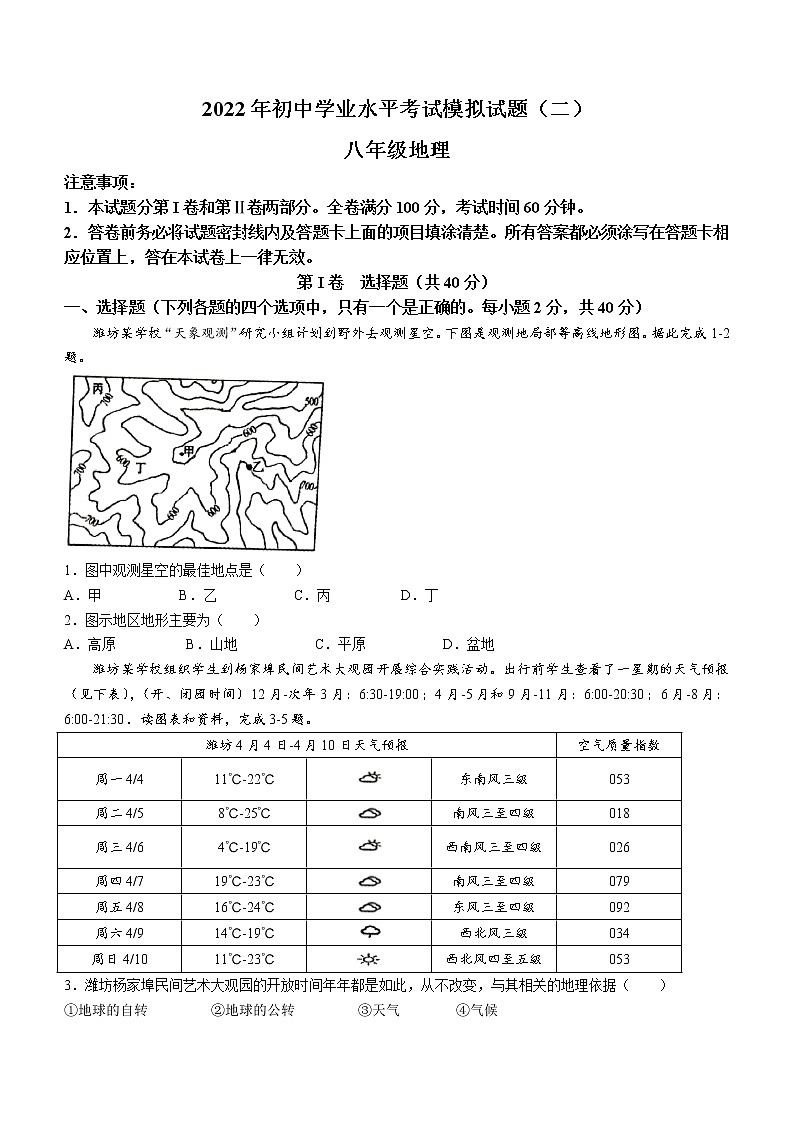 2022年山东省安丘市中考模拟地理试题（二）（含答案）01