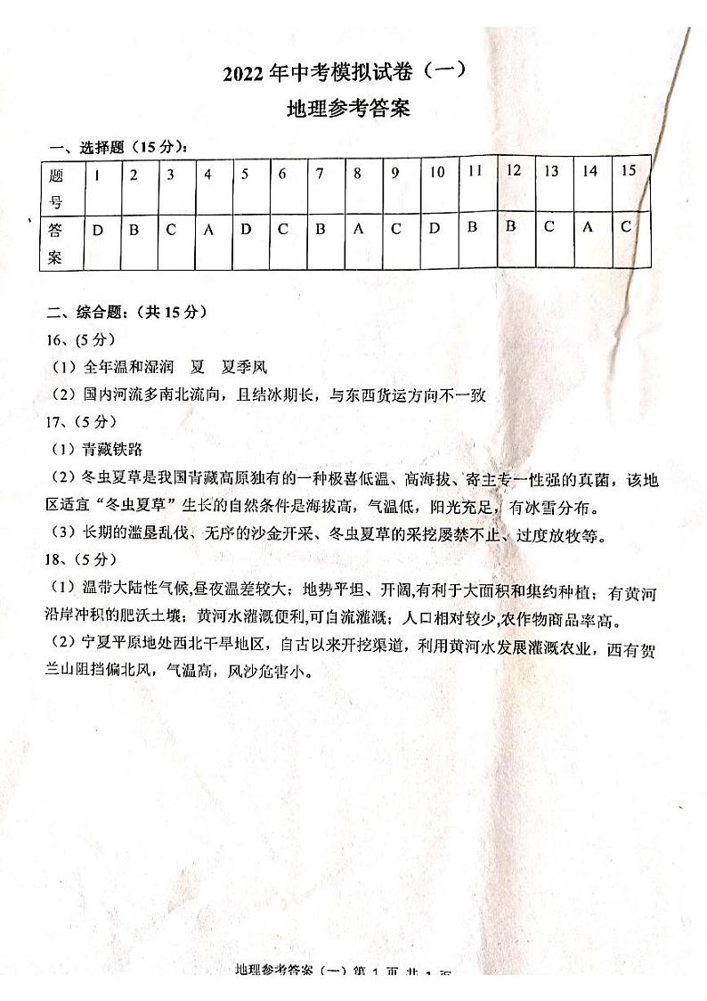 2022年江苏省连云港市中考地理模拟试卷（一）（含答案）01