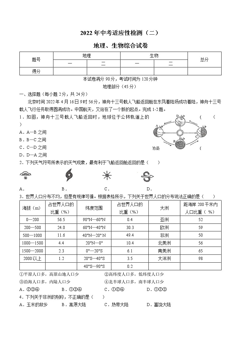 2022年甘肃省酒泉市肃州区中考二模地理试题(word版含答案)01