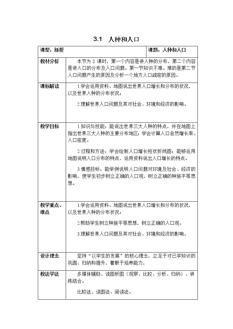 3.1 人种和人口 教学设计-中图版八年级上册初中地理第1页