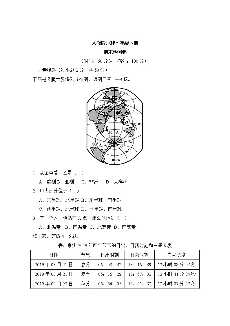 人教版地理七年级下册  期末检测卷5（含答案）01
