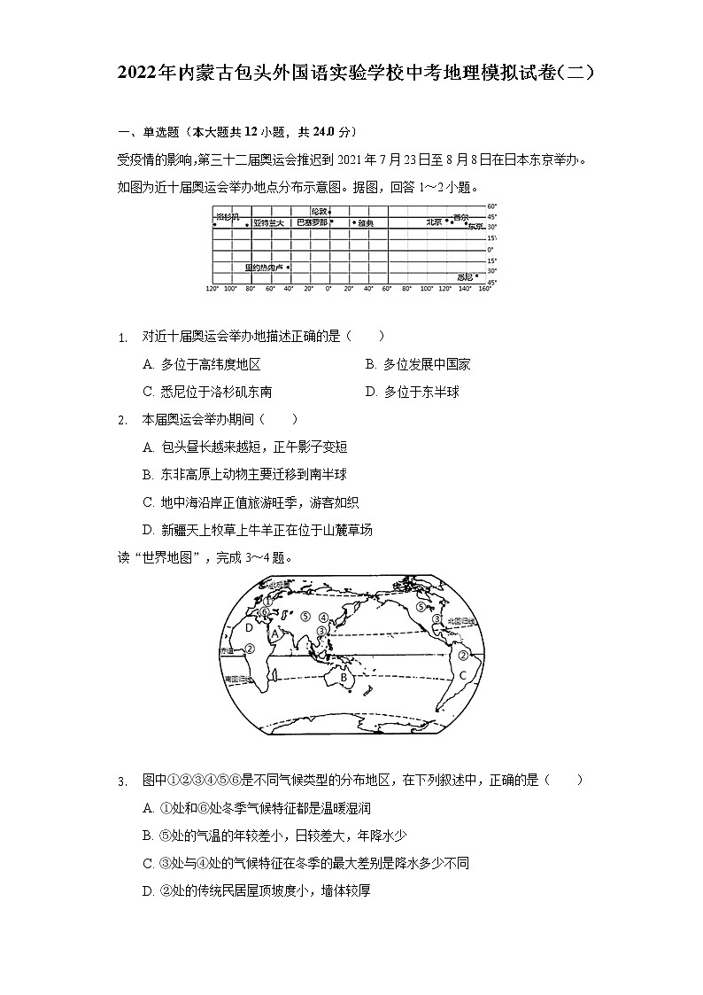 2022年内蒙古包头外国语实验学校中考模拟地理试卷（二）(word版含答案)01