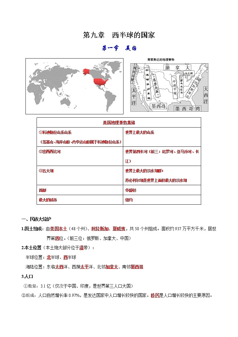 第九、十章 西半球的国家、极地地区-【考点聚焦】初中地理必备知识大串讲（人教版） 试卷01