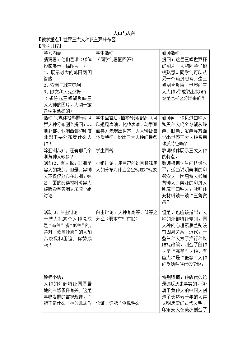 鲁教版（五四制） 地理 六年级上册  4.1 世界人口的分布和不同的人种课件+教案01