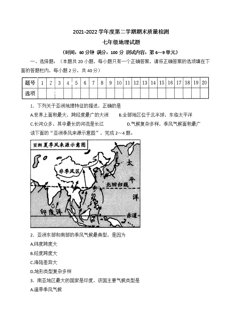 山东省济宁市兖州区2021-2022学年七年级下学期期末测评地理试卷(word版含答案)第1页