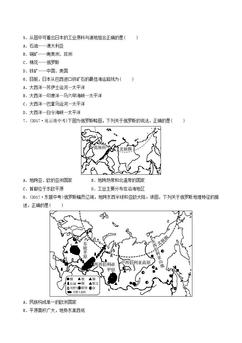 人教版中考地理复习第8章不同类型的国家第1课时日本俄罗斯练习含答案02